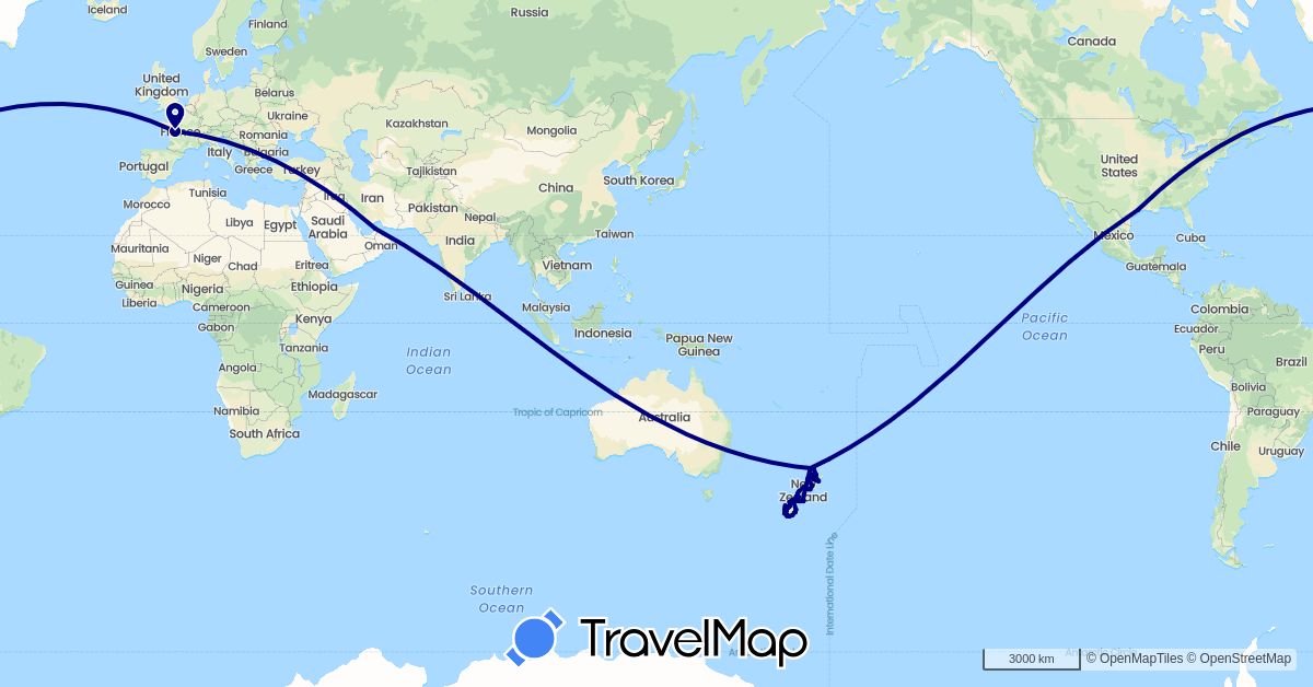 TravelMap itinerary: driving in United Arab Emirates, France, New Zealand, United States (Asia, Europe, North America, Oceania)